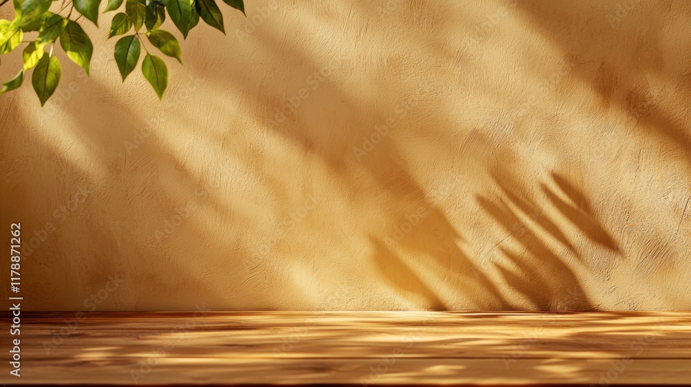 Poster rustic textured wall with natural shadow patterns and a wooden surface minimalist and earthy composi