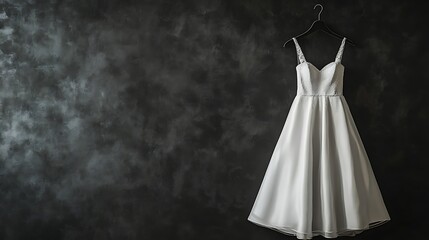 Elegant wedding dress hangs against dark wall.