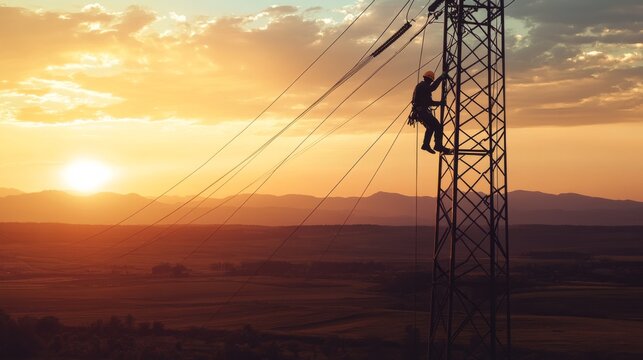 A technician climbs a power line tower at sunset, silhouetted against a vibrant sky, showcasing the blend of technology and nature.