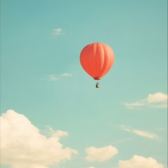 Fototapeta premium A vibrant hot air balloon floats gracefully in a clear blue sky, surrounded by fluffy clouds. This serene scene captures the essence of adventure and freedom in travel.