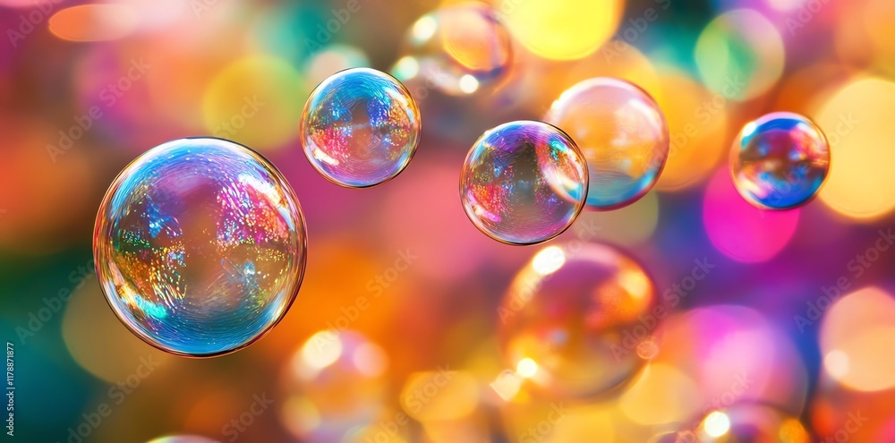 Poster colorful soap bubbles floating in front of a blurred colorful background.