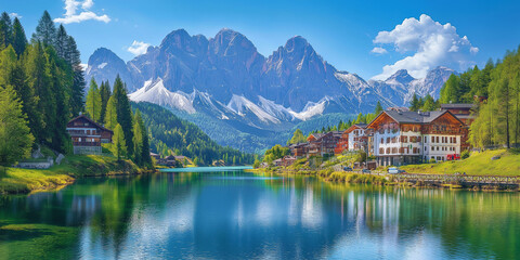 Scenic lake reflection with mountains and alpine homes dolomites landscape photography serene environment wide-angle view nature's beauty