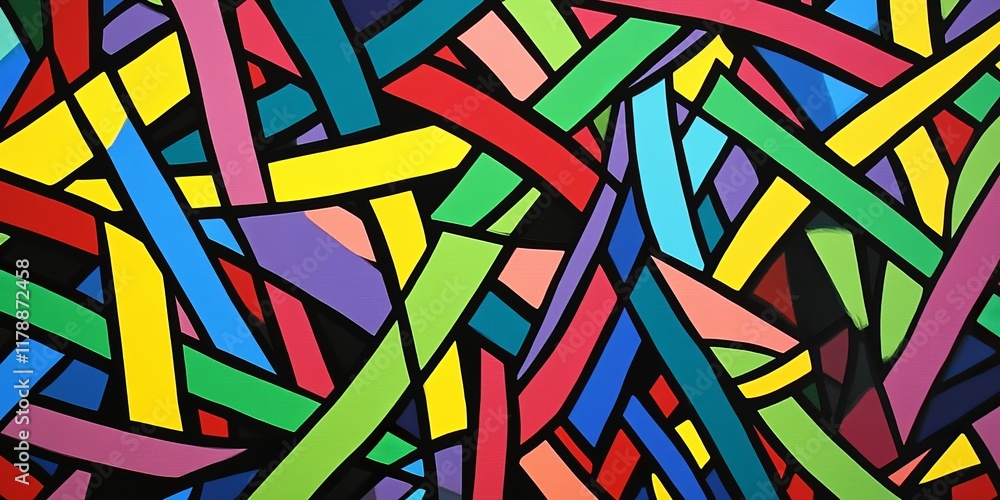 Poster a vibrant abstract artwork featuring intersecting geometric lines and shapes in a spectrum of bold c