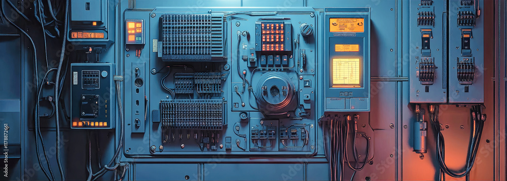 Aufkleber exploring a high-tech electric panel filled with intricate systems and colorful wires in a modern po