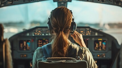 Female pilot prepares for takeoff, airport runway view.