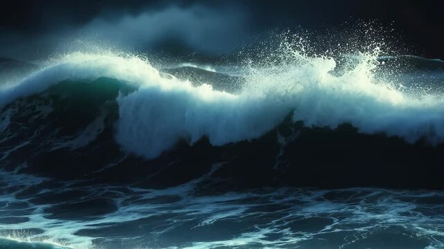 A video capturing a large expanse of water covered with vigorously crashing waves, Turbulent ocean waves on a stormy night