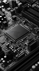Fototapeta premium A close up of a computer chip. The chip is black and has a white logo on it