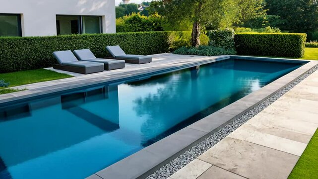 Elegant backyard pool area with sun loungers and lush greenery for relaxation