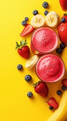 Fresh smoothies with vibrant fruits arranged nicely on a bright yellow background
