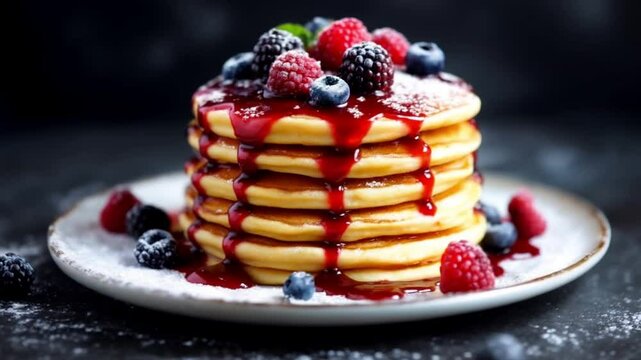 A stack of pancakes with berries and syrup , slow round moving, pancake b roll footage