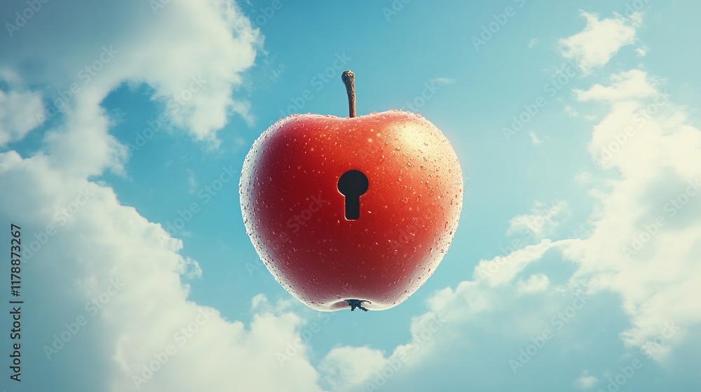 Poster a surreal image of a red apple with a keyhole floating in a cloudy sky, evoking themes of mystery an