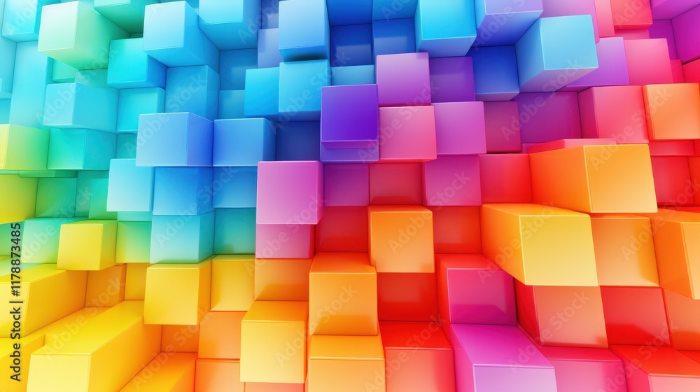 Poster vibrant abstract rainbow cubes in colorful gradient background creating a dynamic and eye-catching v