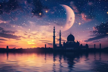 Fototapeta premium Majestic Mosque Silhouette at Sunset Under a Crescent Moon