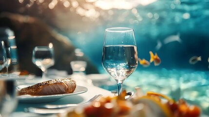 Indulge in an extraordinary underwater themed dinner where the aquamarine glow and captivating marine life create a tranquil and enchanting dining experience