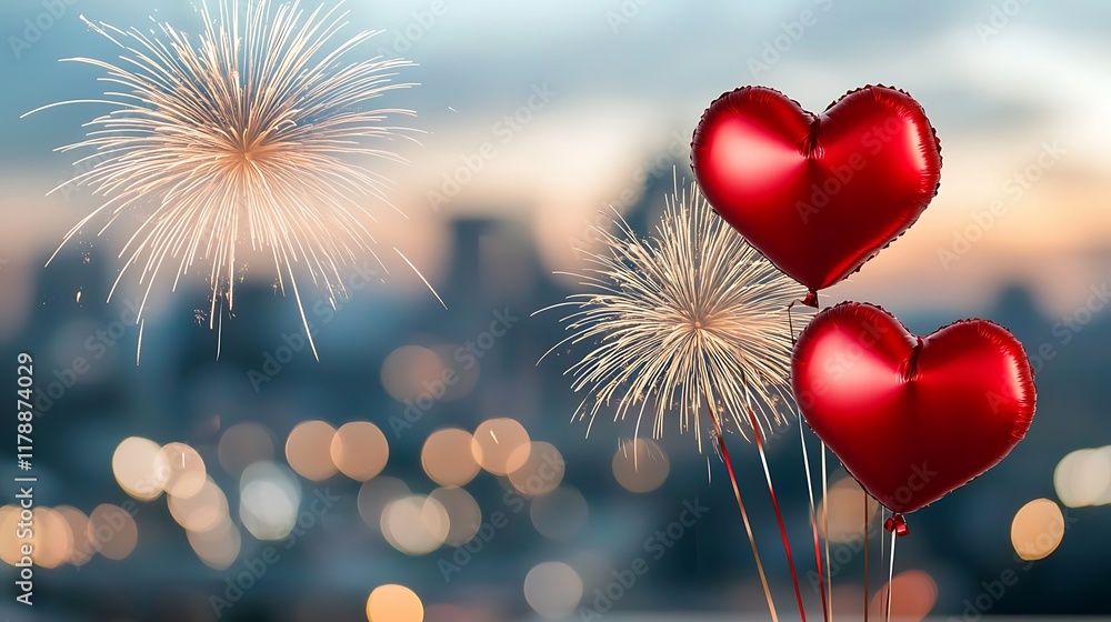 Poster vibrant colorful firework display with heart shaped explosions creating a magical and celebratory at