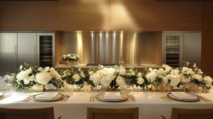 Elegant dining table with white floral arrangements in modern kitchen