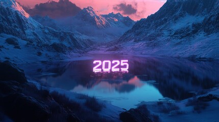 A glowing "2025" display reflecting off a snowy mountain lake at night