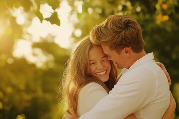 Fototapeta premium Warm embrace between friends sharing laughter in a sunlit park during a joyful afternoon. National Hugging day