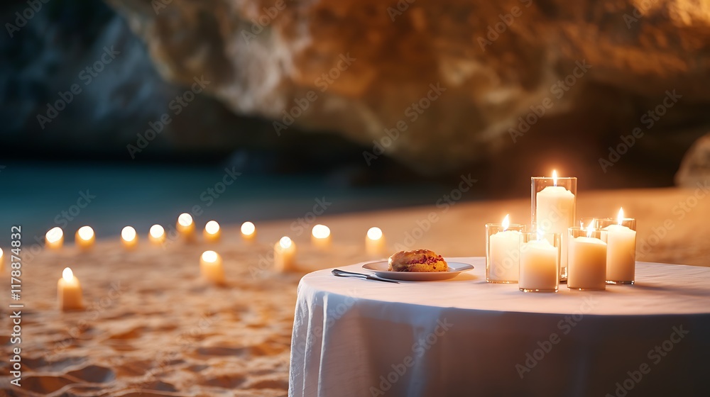 Poster intimate candlelit dinner set up in a cozy cave environment with a table decorated with glowing cand