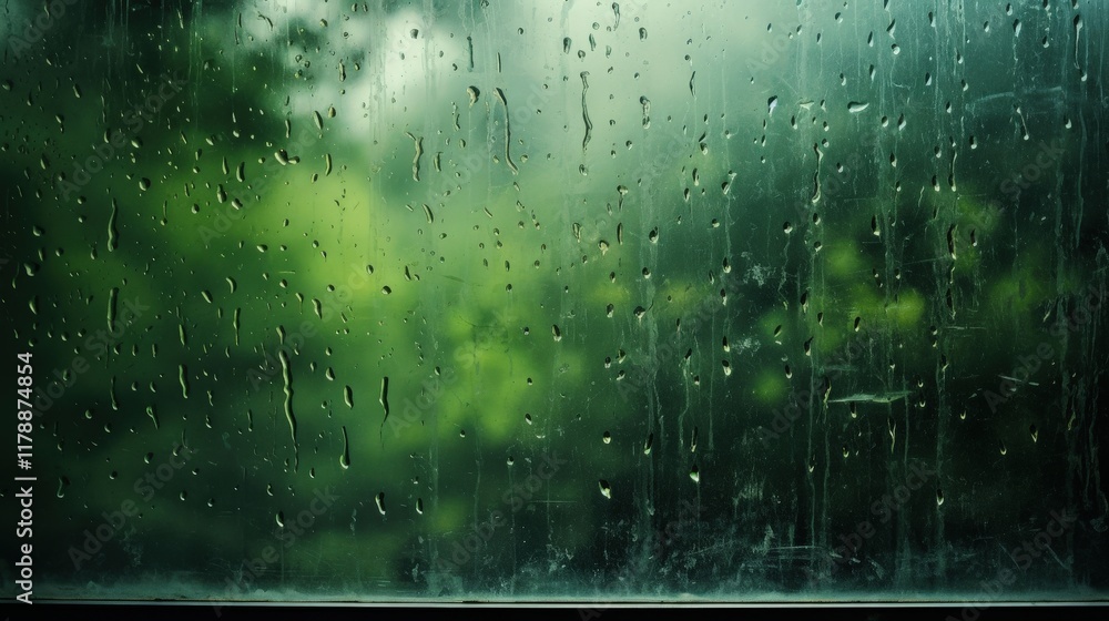 Poster rain droplets on a wet window with blurred green nature background creating a serene atmosphere, per