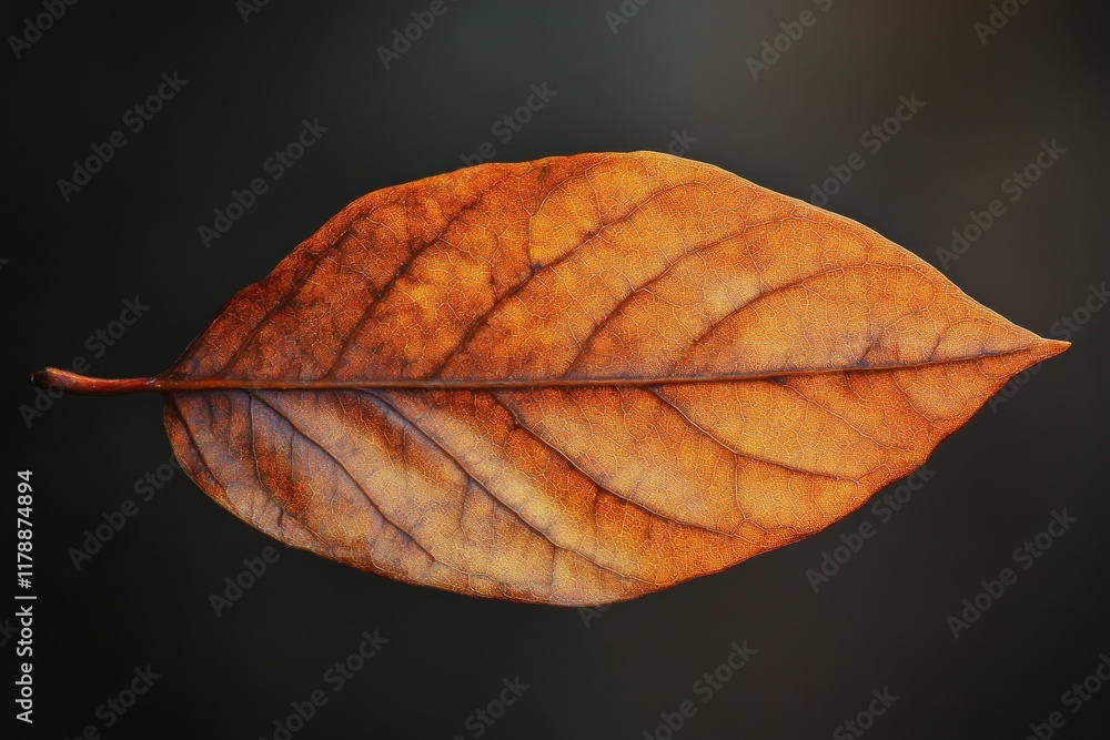 Poster leaf with a brownish color and a shiny surface. the leaf is on a black background