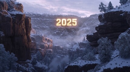 A glowing "2025" floating above a serene, snow-covered canyon