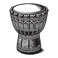 Djembe Silhouette Vector Illustration, Solid White Background.