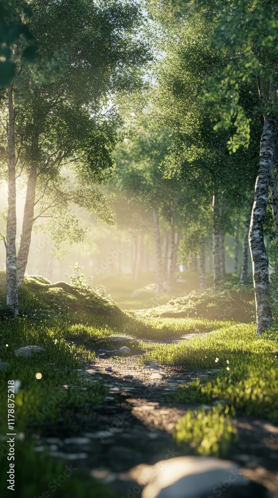 Poster peaceful forest path with sunlight streaming through trees, creating a serene and tranquil atmospher