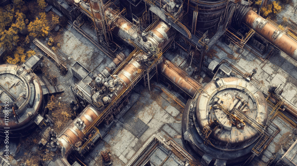 Poster exploring the intricate details of an industrial factory captured from a drone's perspective in a va