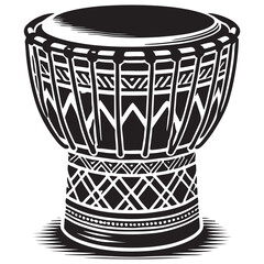 Djembe Silhouette Vector Illustration, Solid White Background.