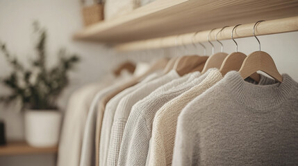 Fototapeta premium Neutral toned sweaters on wooden hangers in minimalist closet