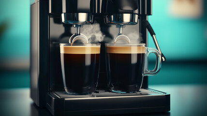 Espresso brewing with steam in a modern coffee machine
