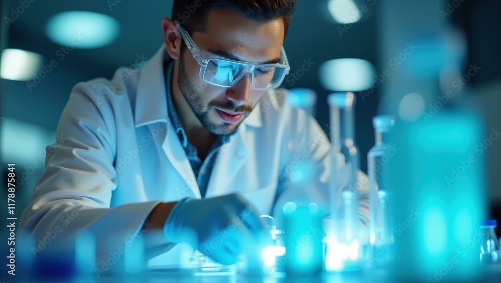 Poster scientist executing complex chromatography procedure with unwavering focus, professional stock photo
