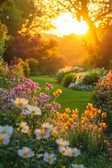 A beautiful sunset illuminating a colorful flower garden, showcasing vibrant blooms and lush greenery in a tranquil park.