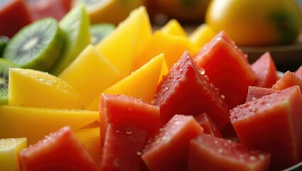 Fresh colorful tropical fruit slices including watermelon, mango, and kiwi arranged on plate, healthy snack or summer party, vibrant natural light, juicy texture, close-up shot bright background