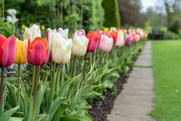 Colorful tulips border garden path, spring bloom