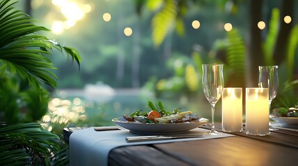 Lush tropical jungle setting with a candlelit dinner table surrounded by rich foliage and a serene intimate atmosphere  This elegant outdoor dining scene evokes a sense of luxury romance