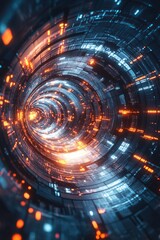 Obraz premium Abstract digital tunnel with vibrant orange and blue lights, resembling a sci-fi cyber vortex.