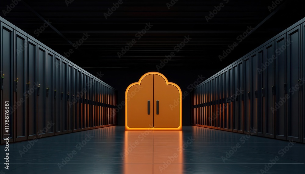 Poster cloud storage and data protection. encrypted data management in the cloud, radiant glowing firewalls