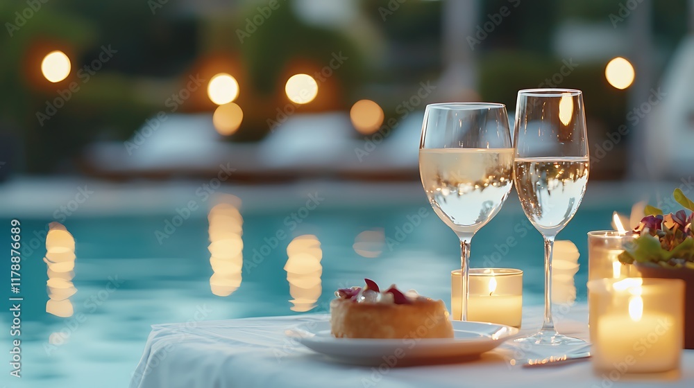 Poster luxurious evening dinner table setup surrounded by floating candles with their soft flickering refle