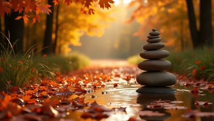 Obraz premium Forest bathing Mindfulness Coach Wellness retreat Insight Timer Frequency healing Self-compassion Grow therapy LifeStance Health Alma Togetherall Balanced gray spa stones stacked, reflecting on wet s