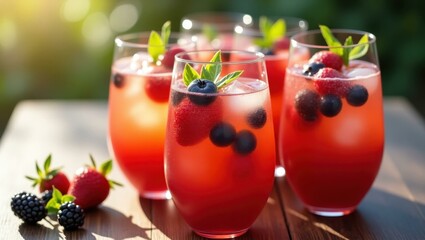 Refreshing red berry cocktails with fresh mint and assorted berries, served in clear glasses on wooden table, perfect for summer parties, outdoor gatherings, bright natural light, vibrant atmosphere