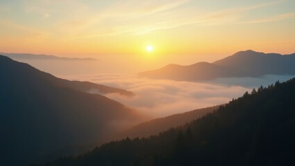 Fototapeta premium nature-based Esg fintech Nature positive Patreon alternative Decarbonization Edge computing Tunetank EcoVadis Artlist Holy Stone Sunrise over misty mountain landscape with soft glowing sky, peaceful 