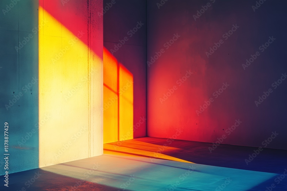 Poster this abstract image captures the interaction of light and color in a minimalist setting, showcasing 