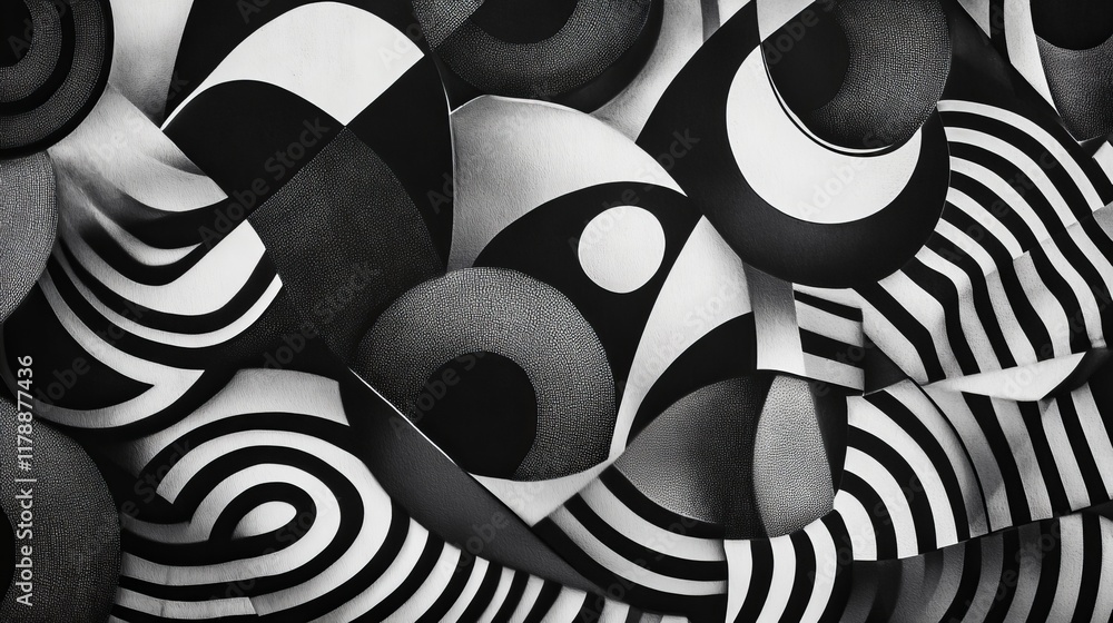 Poster a captivating abstract artwork featuring dynamic black and white patterns. the composition blends cu