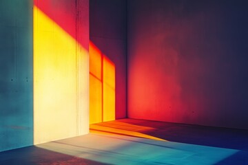 This abstract image captures the interaction of light and color in a minimalist setting, showcasing vibrant shadows and reflections on smooth surfaces.