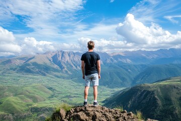 Naklejka premium Mountaintop Perspective: A solitary figure stands on a rocky peak, gazing out at a vast panorama of rolling hills and majestic mountains, bathed in the warm glow of a clear, blue sky.