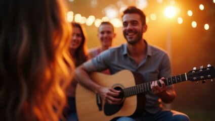 Obraz premium Guitar music playing softly in background as friends enjoy cheerful vibe, Professional stock photo, AI generated photograph