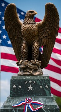 Symbolic bronze eagle statue perched on a star engraved pedestal surrounded by patriotic ribbons with the vibrant stars and stripes of the American flag waving in the background for a national tribute