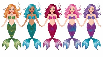 Set of fantasy mermaid girls on white background. Perfect idea for drawing clipart, children's book, nursery decor, educational materials and birthday party.
